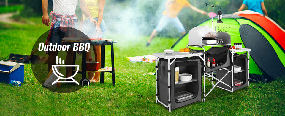 SucceBuy Camping Outdoor Kitchen Table Cabinet Foldable Folding Cooking Storage Rack X-Shaped Aluminum Alloy Bracket for BBQ