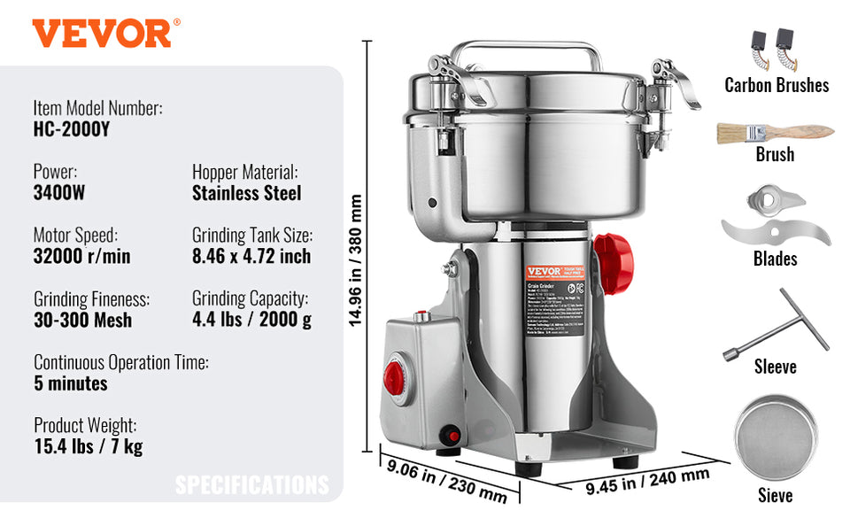 SucceBuy 150-2500g Electric Grain Mill Grinder Commercial Swing Spice Grinders for Dry Herbs Grains Spices Cereals Coffee Corn