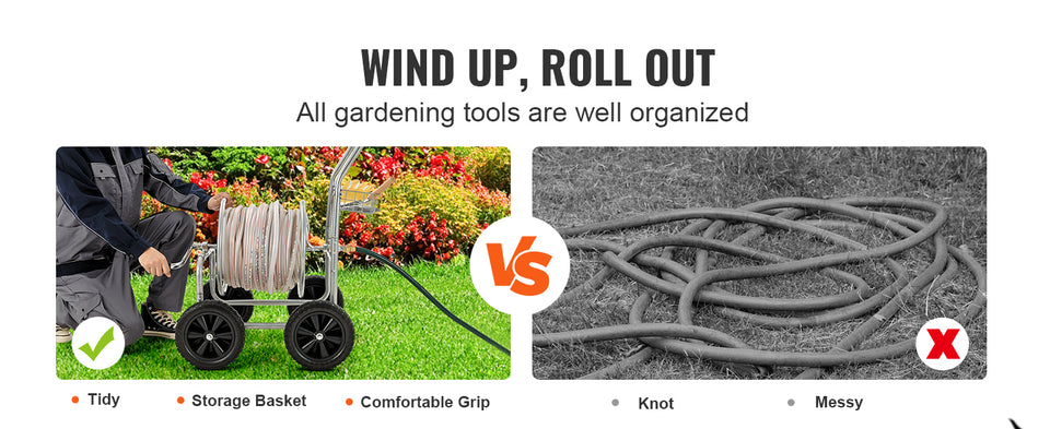 SucceBuy Hose Reel Cart 250ft Heavy Duty Garden Water Yard Planting w/ Basket Effortless Roll-up  Versatile Application Steel