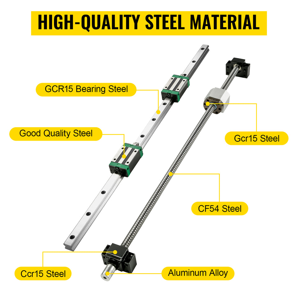 VEVOR HGR20 2PCS Linear Guide Rails 600-2000MM 4PCS Slide Blocks RM1605 Ballscrew W/ Ball Nut BF12/BK12 Nut for CNC DIY Routers