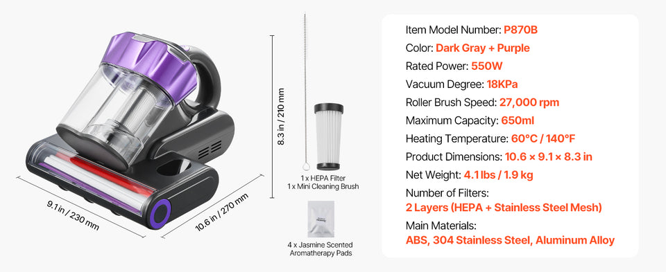 SucceBuy Mattress Vacuum Cleaner w/ 18Kpa Powerful Suction Dual Dust Bin HEPA Filter & Heating Ultrasound Handheld for Bed Sofa