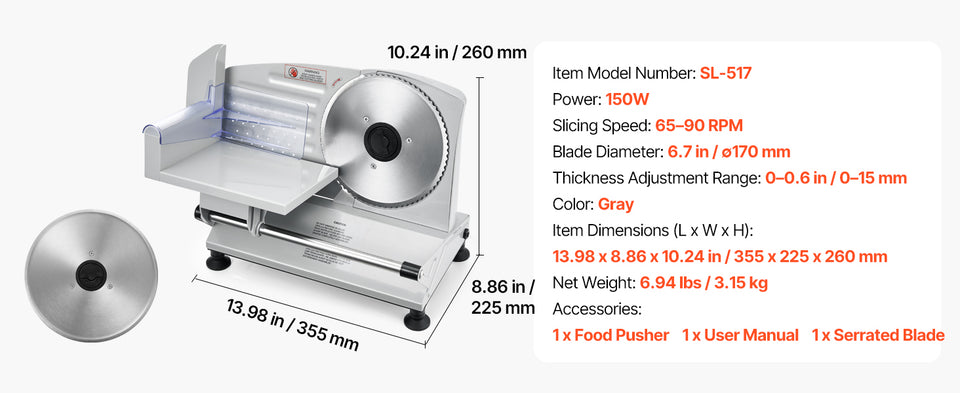 SucceBuy 6.7-10 inch Meat Slicer Electric Deli Slicer Machine with two SUS420 Blades Home Food-Slicer for Meat, Ham, Baguett