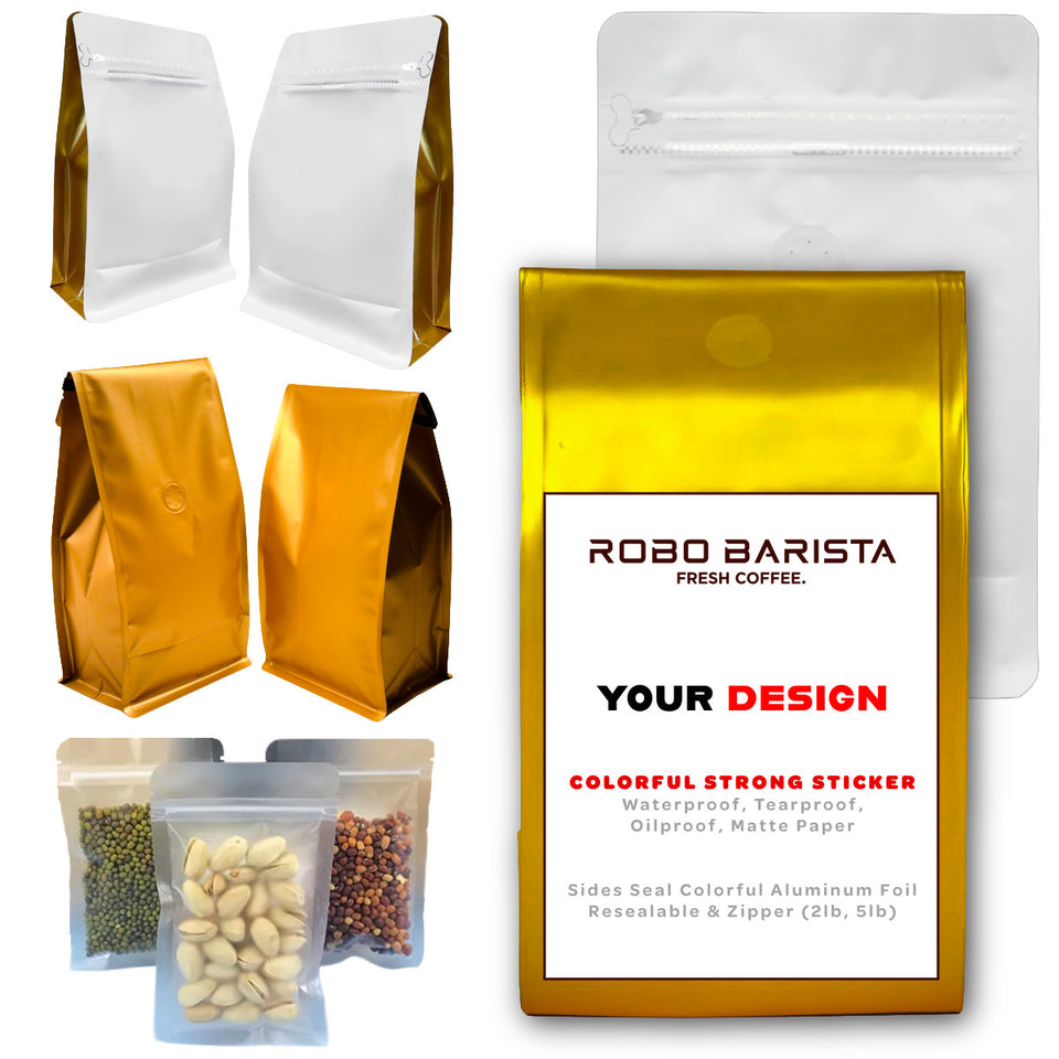 Coffee Storage Bags 50ct Premium Quality Transparent Gold White Side Gold Various Sizes 6oz 8oz 12oz 16oz 2lb 3lb 5lb
