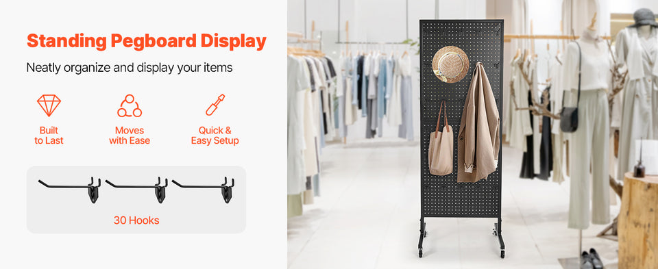 SucceBuy Standing Pegboard Display Stand with Swivel Caster & 30 Hooks Thickened  Steel Peg Board Panel for Grocery Retail Store