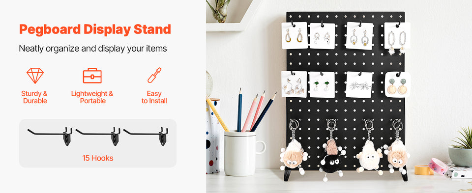 SucceBuy 1/2Sets Pegboard Display Stand 17x13in Tabletop Steel Peg Board Panel with 15 Hooks for Grocery Retail Jewelry Store