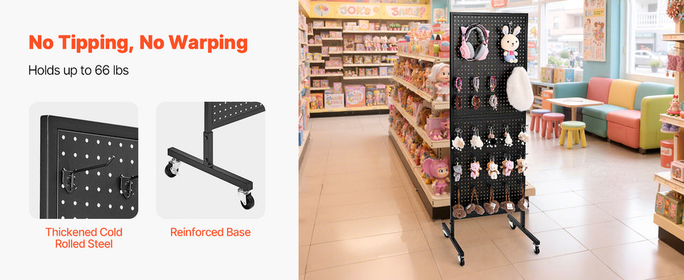 SucceBuy Standing Pegboard Display Stand with Swivel Caster & 30 Hooks Thickened  Steel Peg Board Panel for Grocery Retail Store