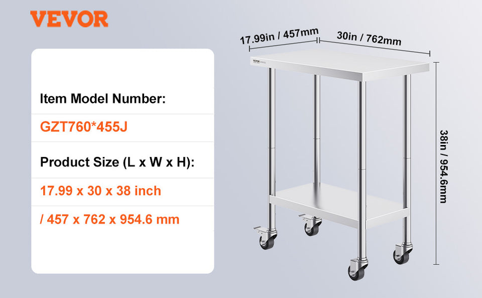 VEVOR Stainless Steel Work Prep Table with 4 Wheels 3 Adjustable Height Levels Heavy Duty Food Prep Worktable for Hotel Home