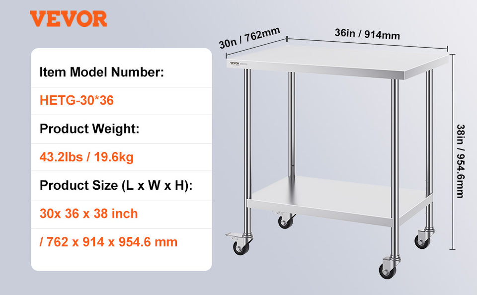VEVOR Stainless Steel Work Prep Table with 4 Wheels 3 Adjustable Height Levels Heavy Duty Food Prep Worktable for Hotel Home