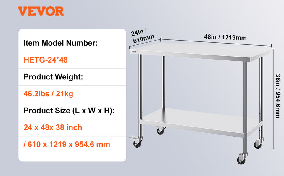 VEVOR Stainless Steel Work Prep Table with 4 Wheels 3 Adjustable Height Levels Heavy Duty Food Prep Worktable for Hotel Home