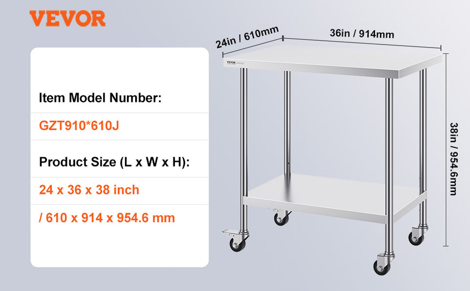VEVOR Stainless Steel Work Prep Table with 4 Wheels 3 Adjustable Height Levels Heavy Duty Food Prep Worktable for Hotel Home