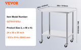 VEVOR Stainless Steel Work Prep Table with 4 Wheels 3 Adjustable Height Levels Heavy Duty Food Prep Worktable for Hotel Home