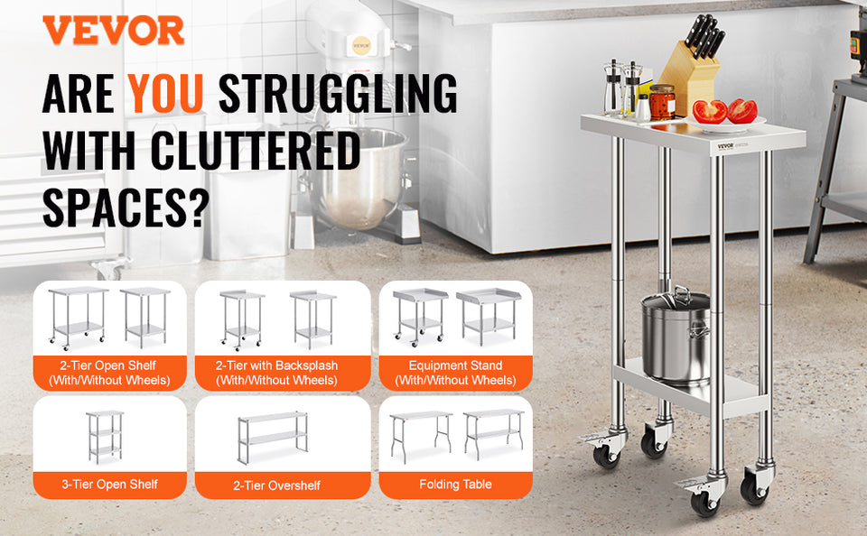 VEVOR Stainless Steel Work Prep Table with 4 Wheels 3 Adjustable Height Levels Heavy Duty Food Prep Worktable for Hotel Home