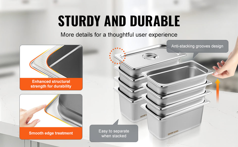 SucceBuy 8 Pack Buffet Chafing Dishes 5.93L Gastronorm Pans Steam Table Pans Tray  with Lid 6-Inch Deep Catering Food Pan