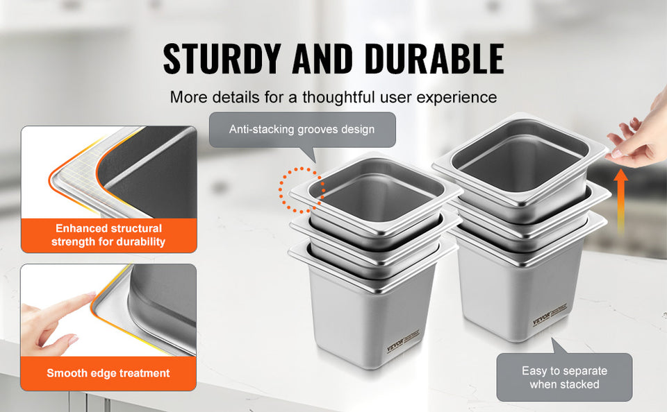 SucceBuy 6/8Pack Hotel Pans 4/6-Inch Deep Steam Table Pans 1/6 1/3 Full Size Chafing Pan 201 Stainless Steel Catering Food Pan