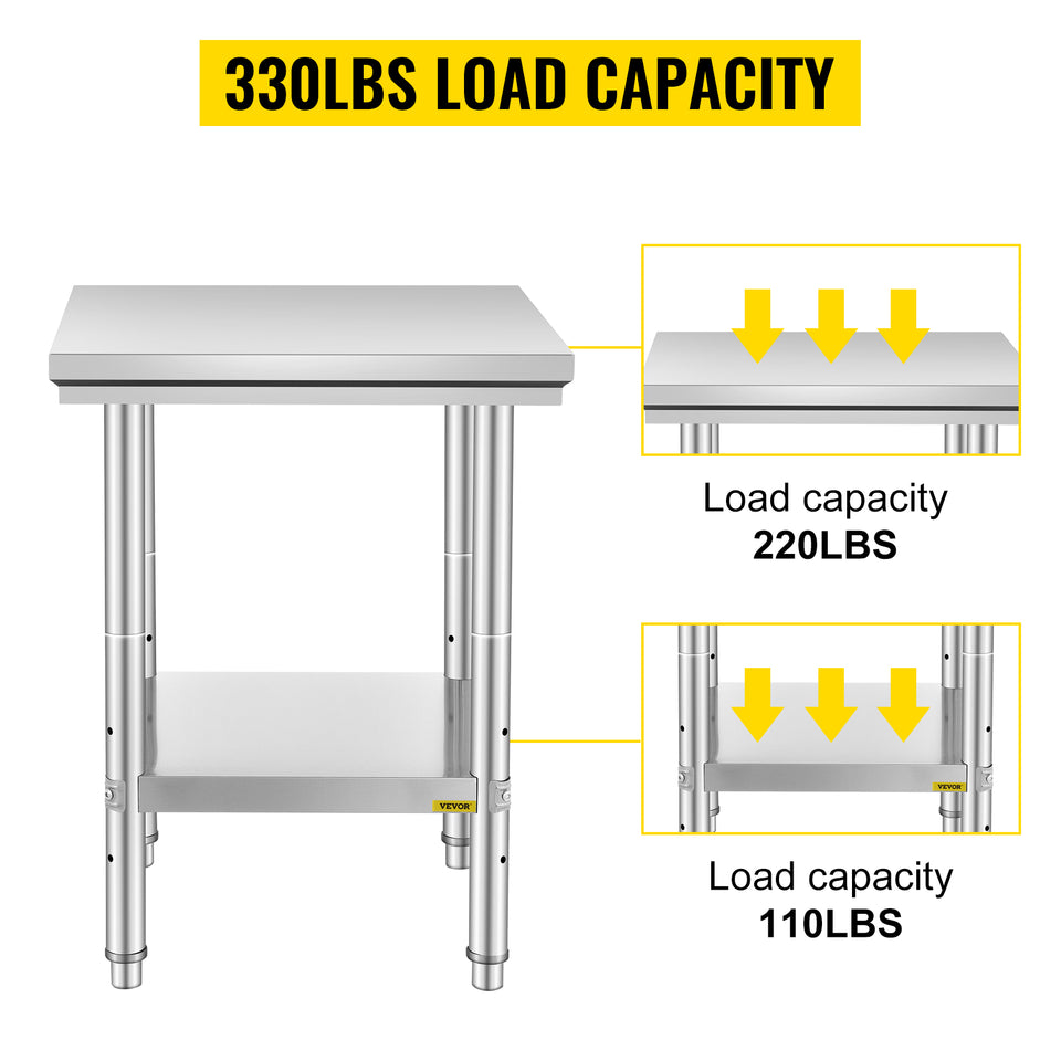 SucceBuy Stainless Steel Kitchen Work Bench Commercial Catering Table Worktable w/Undershelf 330LBS 286LBS for Restaurant Garage
