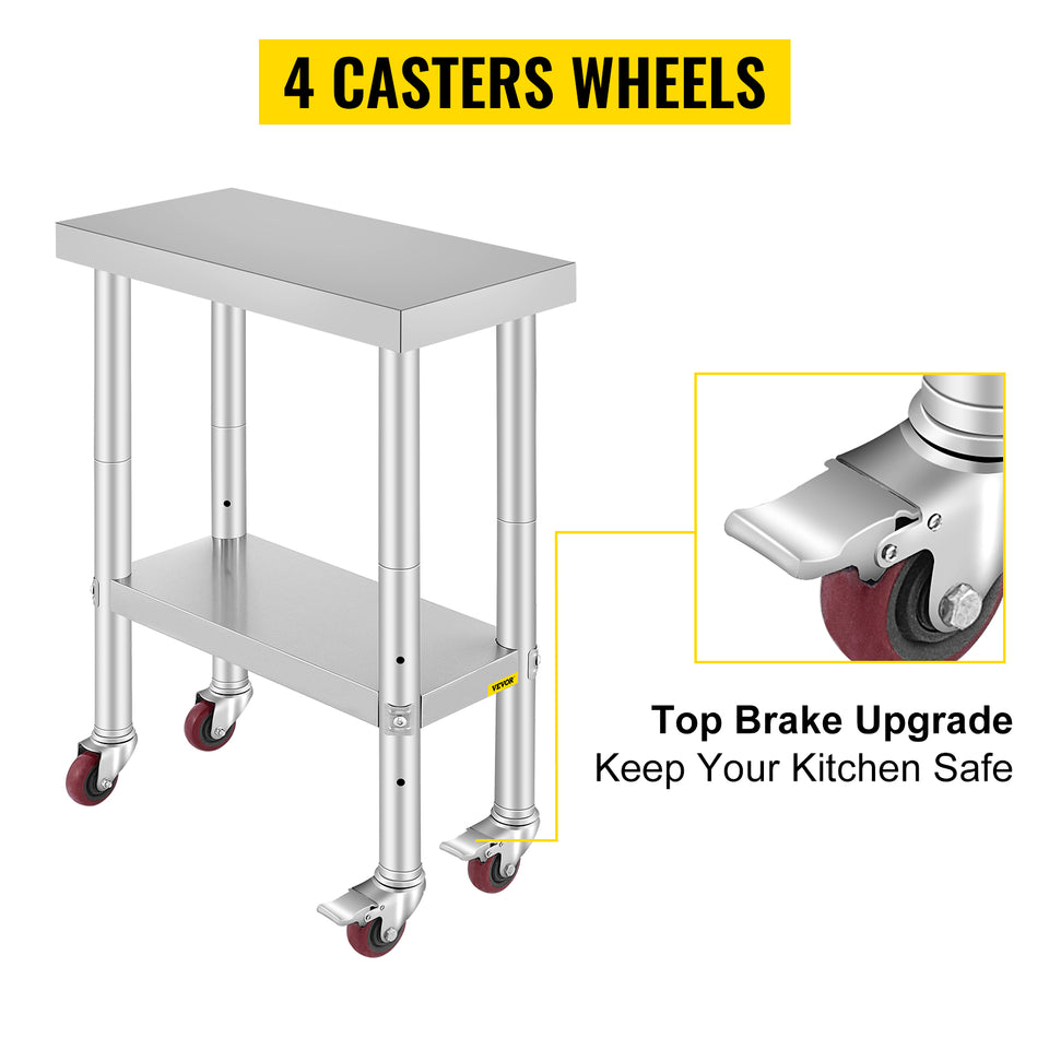 SucceBuy Stainless Steel Kitchen Worktable shelves Commercial Work Bench Table with Caster Wheels for Home Restaurant Storage